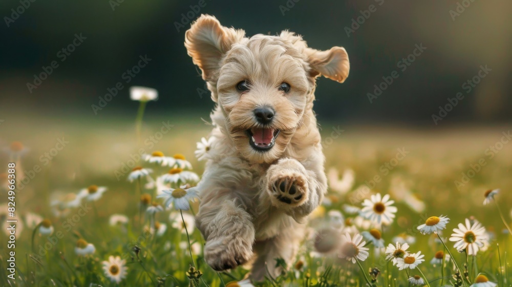 Poster an adorable puppy running through a field of daisies, its ears flapping and a look of pure happiness