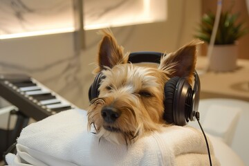 A dog wearing headphones is sleeping on a white towel.