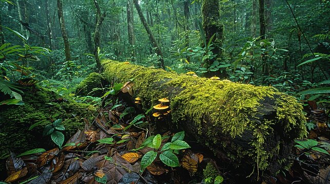 Tropical Forest, A decaying log covered in moss and fungi, surrounded by dense underbrush and fallen leaves, illustrating the forest's rich ecosystem. Realistic Photo,