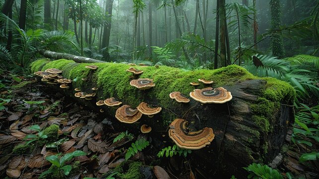Tropical Forest, A decaying log covered in moss and fungi, surrounded by dense underbrush and fallen leaves, illustrating the forest's rich ecosystem. Realistic Photo,