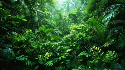 Tropical Forest, A wide shot of a tropical forest with tall trees, thick underbrush, and a variety of plants, creating a lush and humid environment. Realistic Photo,