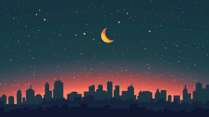 The image shows a beautiful night sky with a crescent moon and many stars twinkling in the dark blue sky