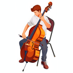 Young male artist sitting on chair and playing contrabass isolated on white background, isometry, png
