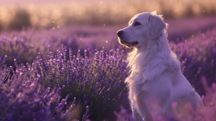 A white dog with floppy ears sits alert in the lavender field, the wind gently rustling its fur and...