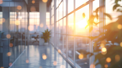 Fototapeta premium Beautiful blurred background of a light modern office interior with panoramic windows and beautiful lighting.