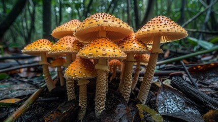 Tropical Forest, Mushrooms sprouting from the forest floor, with fallen leaves and twigs creating a natural and textured background. Realistic Photo,