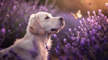 A white dog tilts its head inquisitively at a butterfly in the lavender, creating a halo effect with the purple blooms surrounding its head.