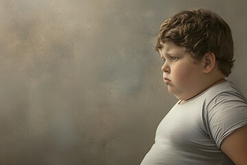 Child with overweight, boy obesity, risk of diabetes. Check health. Chubby, excess weight. Profile fatty child with copy space