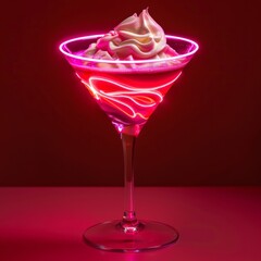 A neon-lit martini glass filled with swirling pink liquid and topped with a frothy white foam, super realistic