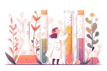 Child with flask in laboratory, girl study chemistry science. Experiment and research process on school lesson. Chemistry flasks and cognitive curiosity. Flat illustration