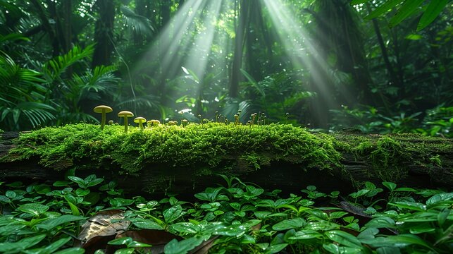 Tropical Forest, A fallen log covered in vibrant green moss and small fungi, with rays of sunlight filtering through the dense canopy above, highlighting the serene forest environment. Realistic
