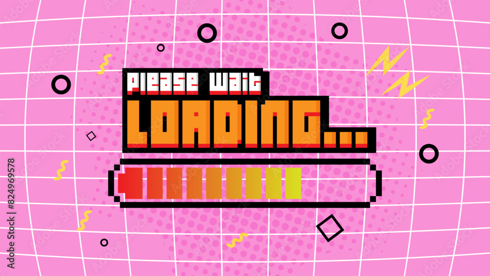 Poster pixel art 8-bit please wait loading bar concept on pink background