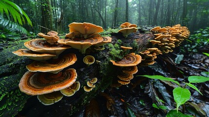 Tropical Forest, A fallen tree trunk covered in moss and fungi, surrounded by the dense foliage of a tropical forest, highlighting the cycle of life and decay. Realistic Photo,