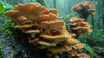 Tropical Forest, A variety of fungi growing on a tree trunk, with different shapes, sizes, and colors adding to the forest's intricate ecosystem. Realistic Photo,