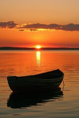 Serene sunset seascape with vacant wooden rowboat on calm waters, creating a peaceful scene
