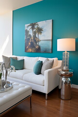 A bright living space with a turquoise accent wall, a white sofa, and a blank white frame serving as a focal point