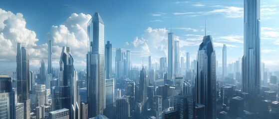 A futuristic cityscape dominated by towering skyscrapers housing leading financial institutions, symbolizing the integration of technology and finance on a global scale. 