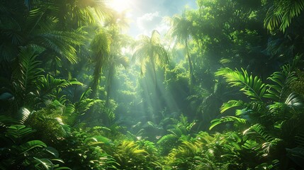 Tropical Forest, Bushes and undergrowth in a tropical forest, with sunlight filtering through the dense foliage, creating a serene and tranquil scene. Realistic Photo, - Powered by Adobe