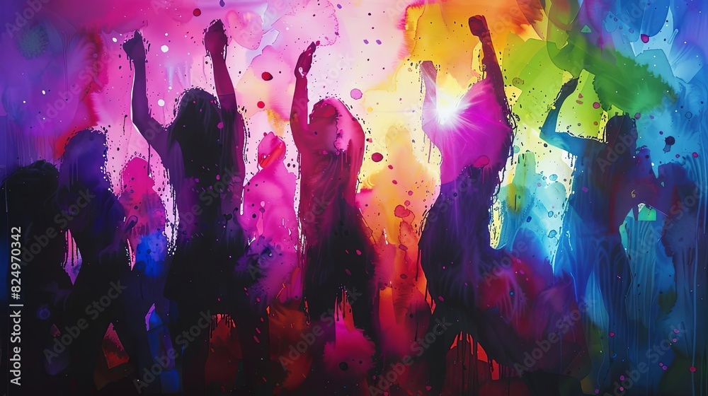 Wall mural euphoric dancers lost in neon club lights immersed in vibrant nightlife watercolor painting