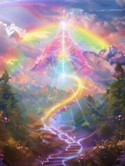 Alchemical Pyramid Bathed in Rainbow Prism Light, Spiritual Ascension on a Spiral Staircase amidst a Majestic Mountain Oasis, Radiant Sunrays and Vortex of Colors Promoting Peace and Healing