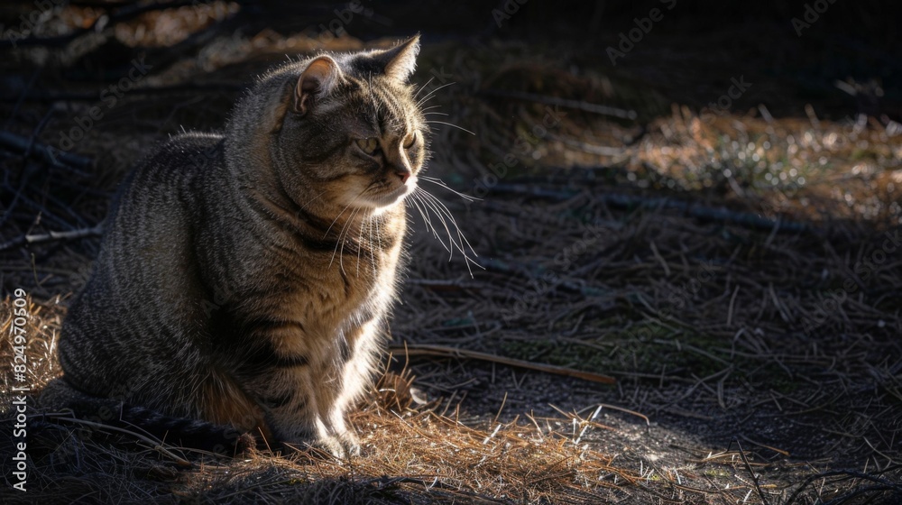 Poster An overweight cat sitting in a patch of sunlight, its fur illuminated and creating a warm, inviting scene.