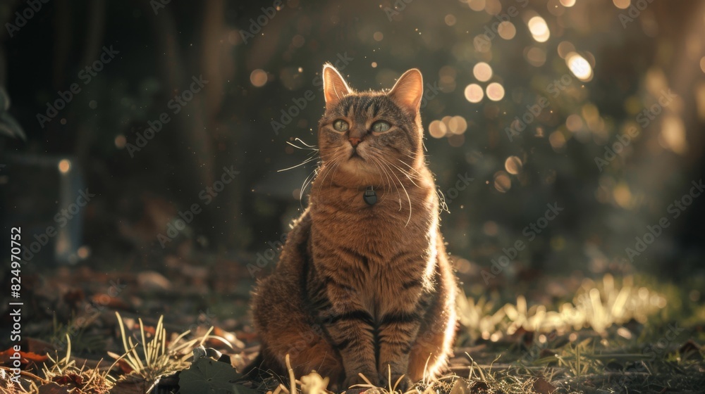 Poster An overweight cat sitting in a patch of sunlight, its fur illuminated and creating a warm, inviting scene.