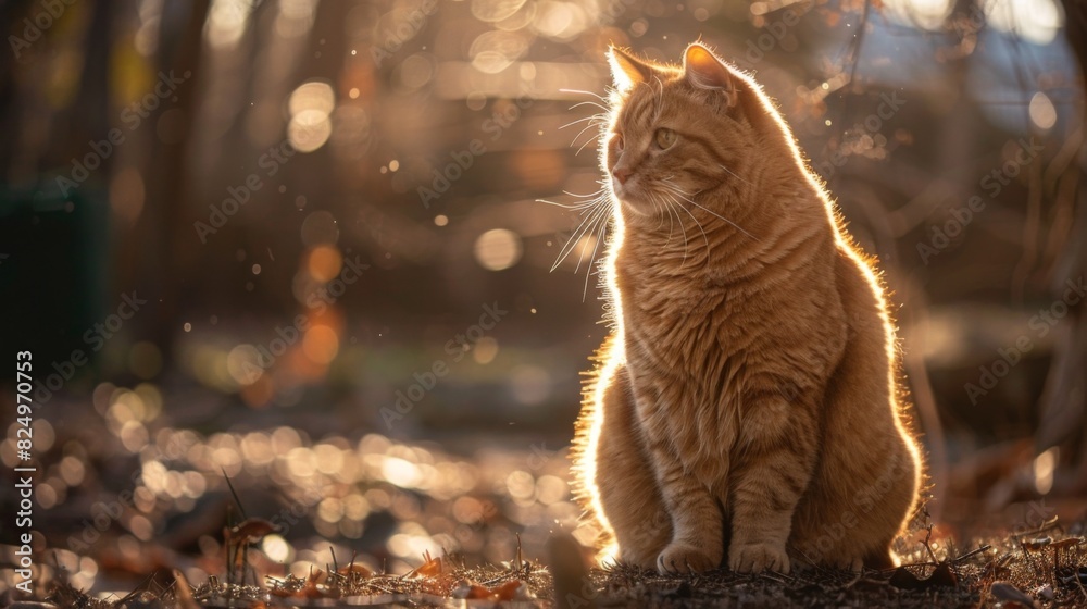Poster An overweight cat sitting in a patch of sunlight, its fur illuminated and creating a warm, inviting scene.