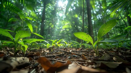 Tropical Forest, Insects crawling on the forest floor, with leaves, twigs, and small plants creating a complex and vibrant natural habitat. Realistic Photo,