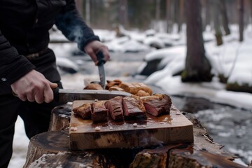 slicing steak outdoors in winter near the river