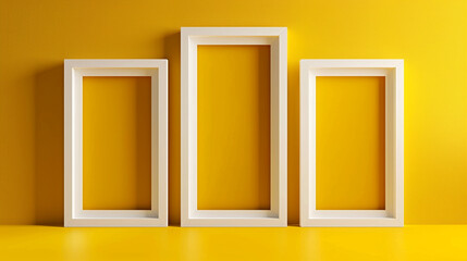 A trio of white picture frames against a vibrant deep yellow background, each spotlighted to highlight their elegant simplicity.