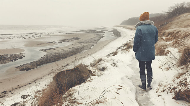 A woman wearing a blue winter coat with a fur-lined hood walks alone along a sandy beach path lined with tall grass on a foggy, overcast day. The muted, desaturated colors and moody atmosphere