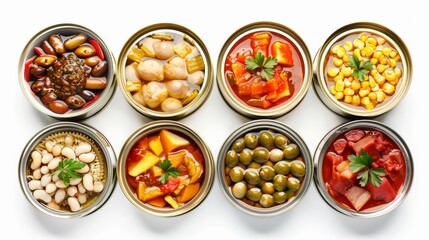 Open tin cans with different food on white background