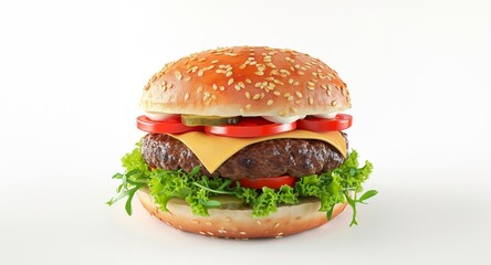 Delicious Hamburger With Cheddar, Onions, Lettuce, And Tomatoes Isolated On A White Background, Fastfood Advertising Concept