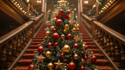 Classic Christmas tree featuring red balls, golden stars, and traditional decorations, set in a grand hall with festive ambiance
