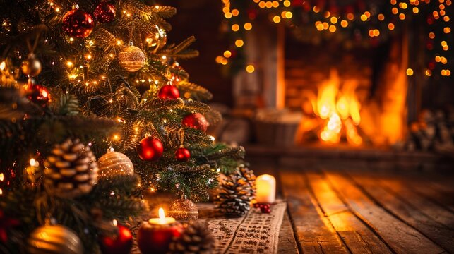 Christmas tree adorned with ornaments and twinkling lights, glowing warmly by a crackling fireplace, cozy holiday ambiance