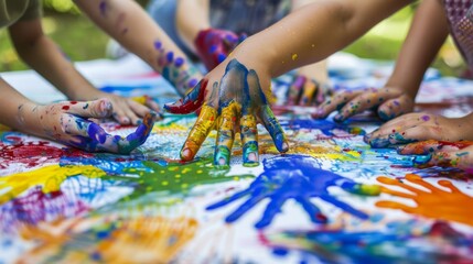 Kids painting their hands and making handprint art on a big poster, laughing and having a great time together - Powered by Adobe