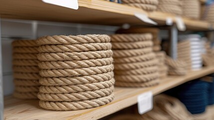 A large coil of thick rope with white labels sits on a shelf in an online store