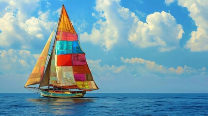 A sailboat with colorful, patchwork sails