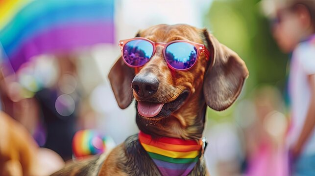 fashionable dachshund dog in sunglasses at summer pride parade funny animal photography