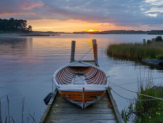 A small, wooden skiff tied to a dock at dawn