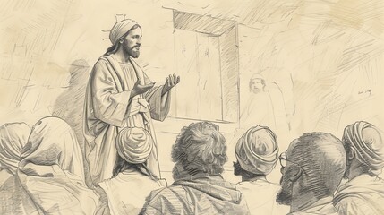 Jesus Teaching in the Temple, Surrounded by Attentive Listeners, Biblical Illustration of Wisdom and Instruction