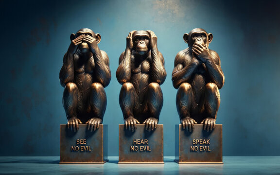 Three bronze statues of monkeys representing "See No Evil, Hear No Evil, Speak No Evil" against a blue background.