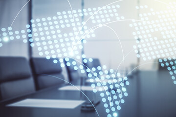 Abstract virtual world map with connections on a modern conference room background, international trading concept. Multiexposure