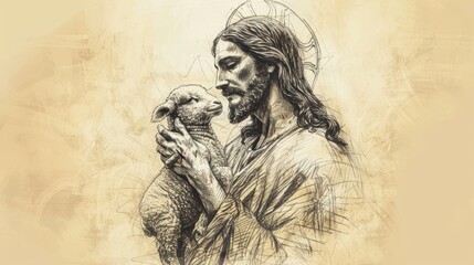 Jesus Holding a Lamb, Symbolizing His Role as the Good Shepherd, Biblical Illustration of Care and Guidance