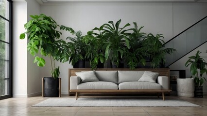 Interior of minimalist modern living room with white wall and green houseplants