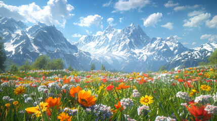 Vibrant flowers bloom in a lush meadow beneath snow-capped peaks.