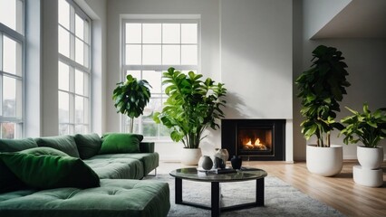 Interior of minimalist modern living room with white wall and green houseplants