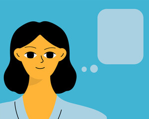 Pretty woman portrait with speech bubble. Female avatar. Character with empty space for text, message.