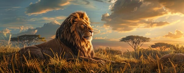 A lion is laying in the grass in a field. The sky is cloudy and the sun is setting. Majestic lion...