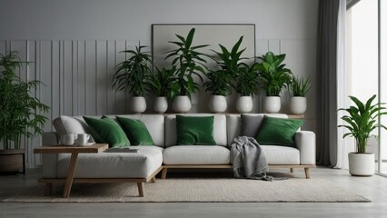 Interior of minimalist modern living room with white wall and green houseplants